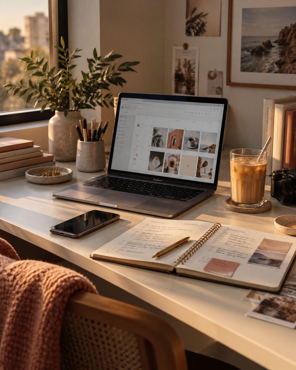 A creator's desk by the window with a laptop, phone and open notebook