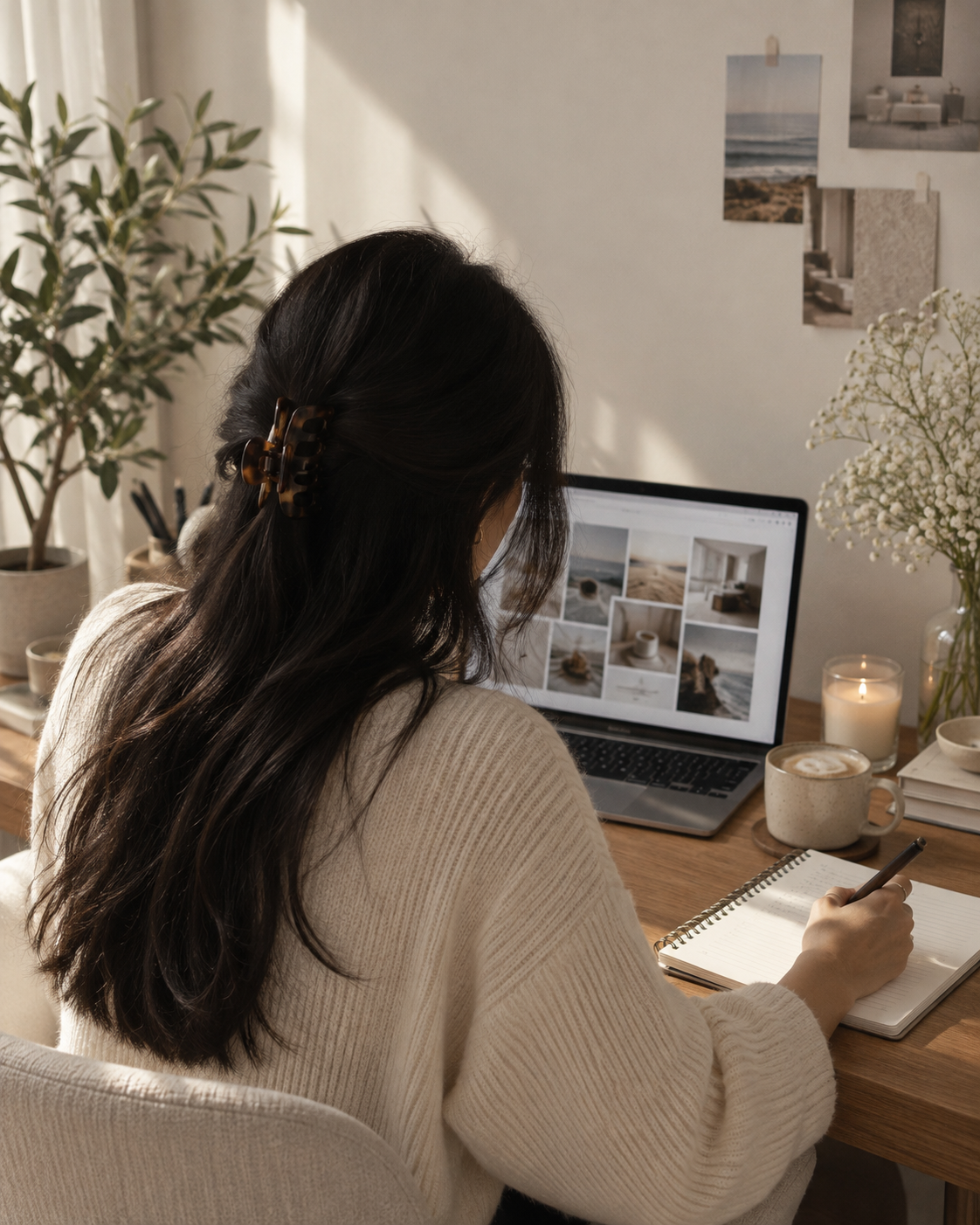 A blank spiral notebook, pen, phone and cup of coffee on a sunlit desk beside a laptop