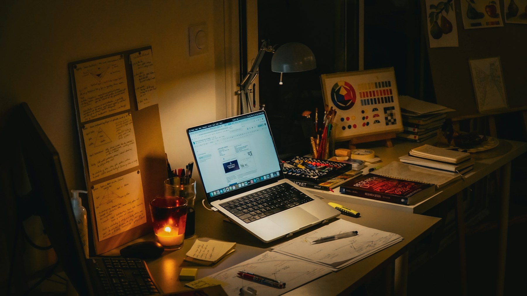 A lamp-lit desk with a laptop, notes and planning sheets